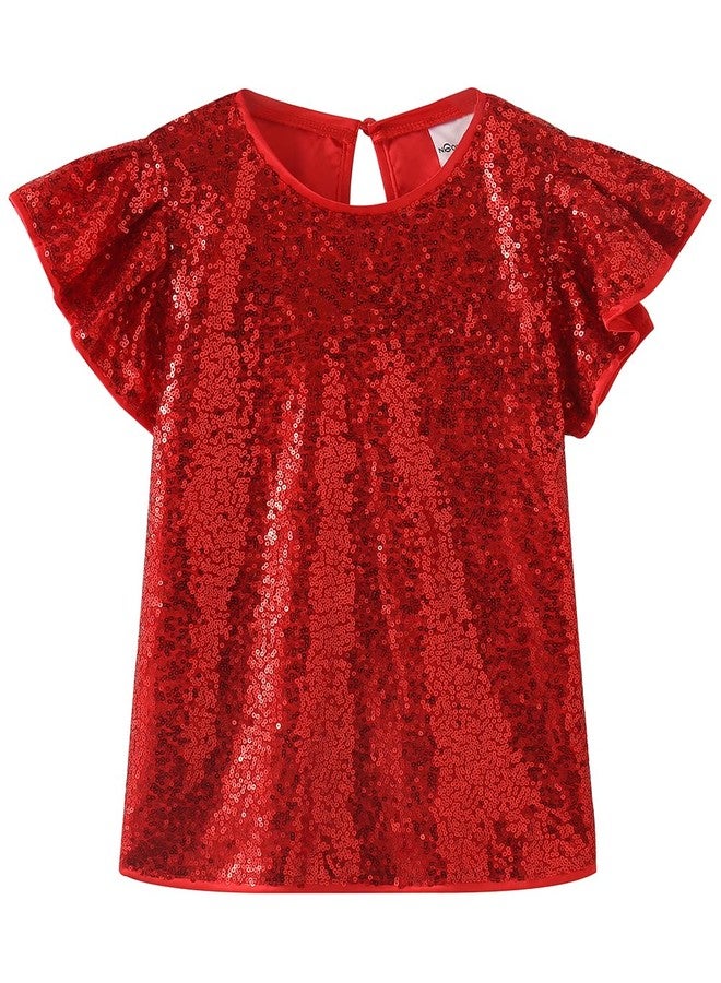 Noomelfish Girls Short Sleeve Sequin Shirts Party Glitter Sparkly Tops Blouse, Red, Size 9-10 Years - Image 1